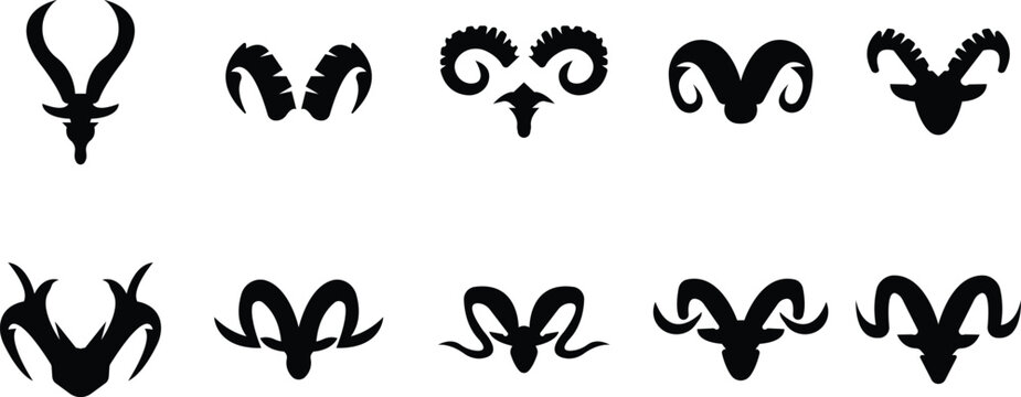 stylized goat head with curved horns icon set, silhouettes vector farm animal icons, Abstract Horn Shapes Animal Elements Vector horned ram and mountain goat face symbols for logo design and branding