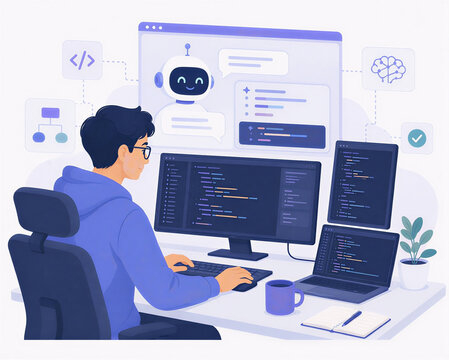 Illustration of Software Developer Using AI Coding Assistant