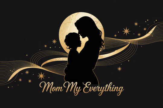 Mother and child silhouette, golden moon, starry night, Mom My Everything