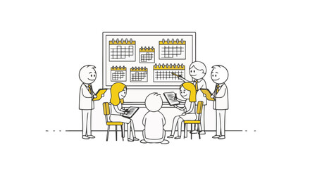 Fototapeta premium Doodle Illustration of a Professional Business Team Meeting for Time Management, Project Planning, and Scheduling Tasks on a Large Whiteboard Featuring Multiple Calendar Grids