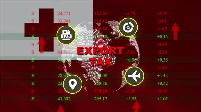 Export Tax Concept: An abstract visual representing the concept of export tax, featuring a global map, financial data, and icons symbolizing trade, travel, and logistics.