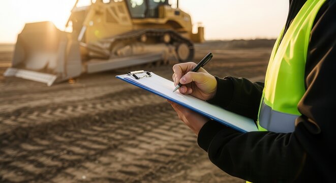 construction worker with clipboard and pen near bulldozer