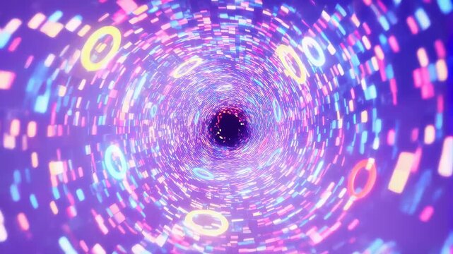Colorful digital vortex animation with swirling patterns and glowing elements. Represents the concept of data flow and technological advancement