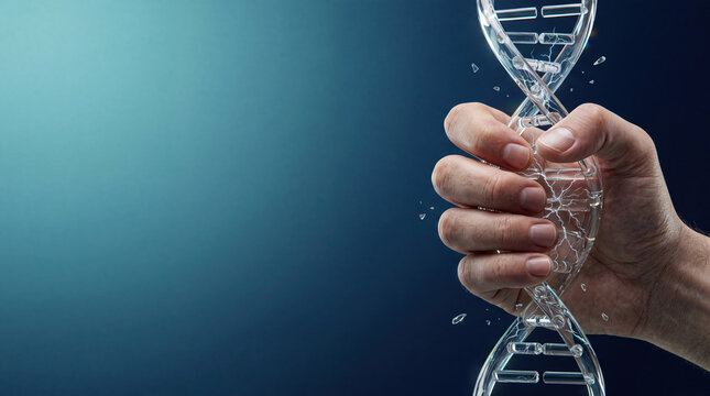 Human hand crushing a glass DNA strand model on a blue background, conceptual image of genetic manipulation, mutation, or medical ethics