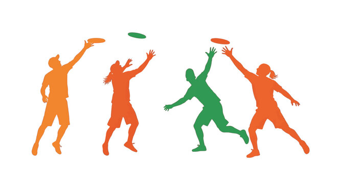 Colorful vector silhouettes of four male and female athletes playing ultimate frisbee, jumping and reaching to catch flying discs, isolated on a plain white background for sports design.
