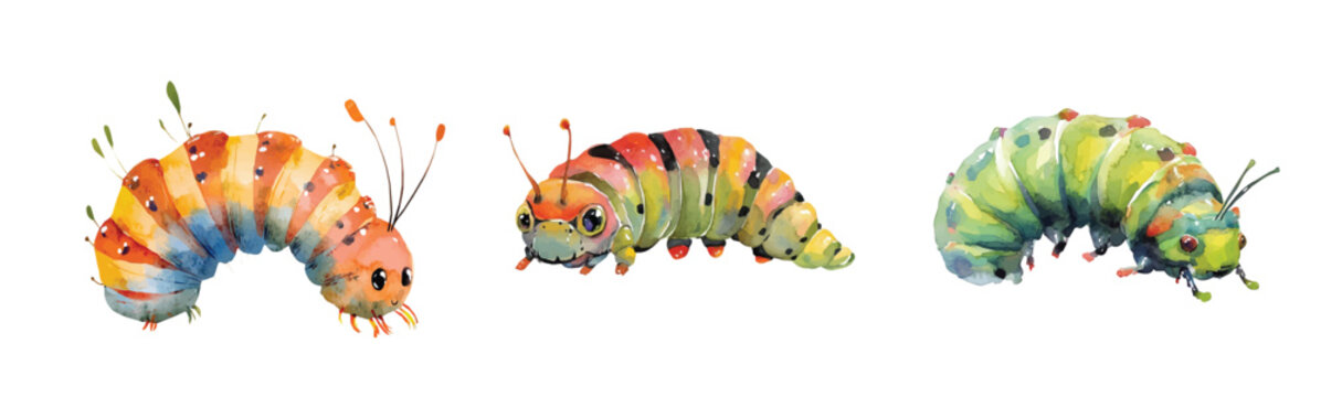 Design of caterpillar set painting. Hand-painted style, vectorized, vector set available in EPS Simple Hand-painted watercolor style. Hand-painted watercolor style, vectorized