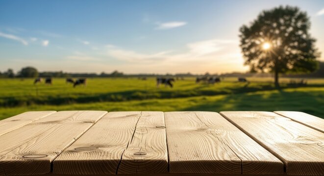 Rustic wooden table overlooking serene countryside landscape with grazing cows at sunset