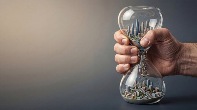 Strong hand squeezing an hourglass with a city skyline inside, conceptual art showing time control, urban speed, or fast paced lifestyle