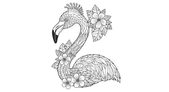 Intricate flamingo coloring page featuring ornate zentangle patterns on feathers and neck, decorated with tropical hibiscus flowers and monstera leaves isolated on white background.