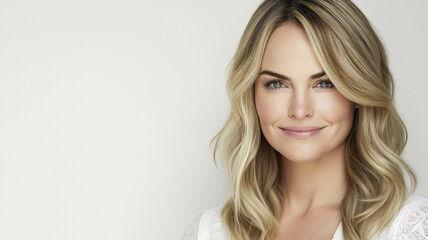 Naklejka premium Cheerful blonde woman smiling gently. Joy and happiness concept.