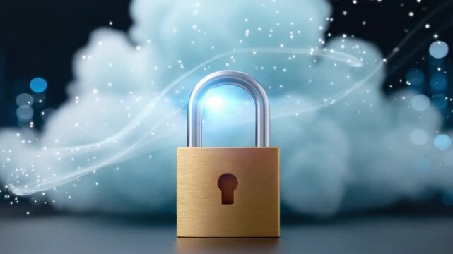 Secure metal lock in front of glowing cloud shape representing data protection and cloud security concept with dark blurred background and light effects