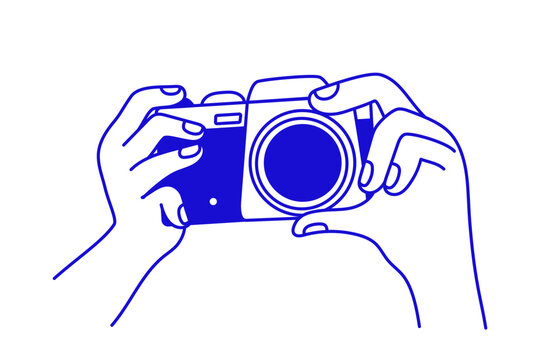 Vector simple linear illustration, hands and gestures, hand drawn illustration, poster, logo, print design template, hands holding camera, photography concept