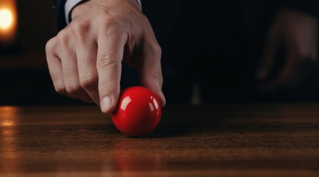 Man finger touches shiny red ball on wooden table. Initiate movement, decision making, game start. Focused concentration, simple action. Clean background, professional feel. Casual activity,