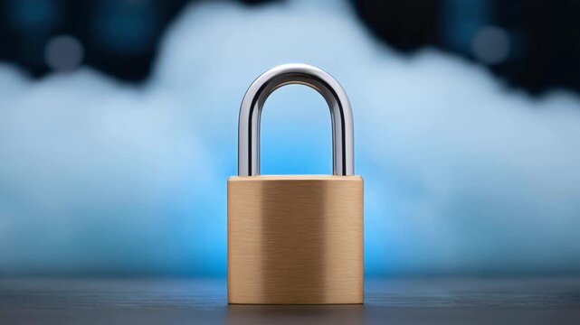 Close-up of metallic padlock on wooden surface with blurred digital background symbolizing data protection and cybersecurity concept for secure access