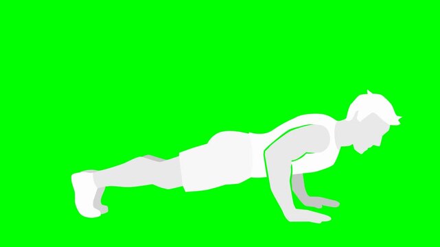 Strength training, physical fitness or home workout concept. Animated loopable man doing classic push ups for dark interface. Chroma key green screen with alpha channel.