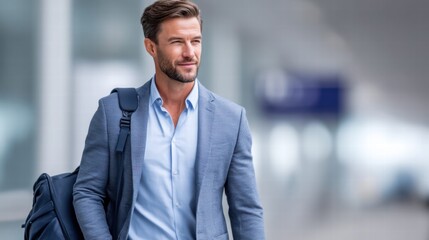 Obraz premium A stylish businessman walks confidently, ready for his next business trip or meeting in the city.