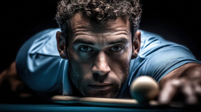 A focused man is about to take his shot in a game of billiards.
