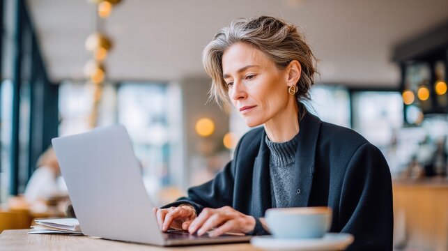 A focused businesswoman working on a laptop in a cafe, enjoying a cup of coffee.