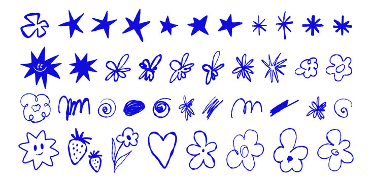 Vector set of stickers, scribbles and doodles in simple linear hand drawn style with copy space, minimal monoline design elements for posters, social media, print, banners