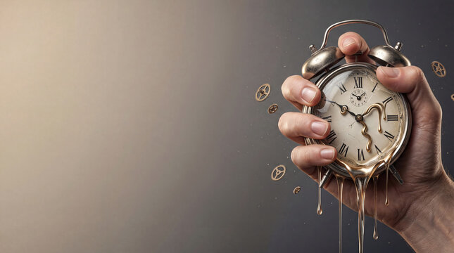 Male hand gripping a melting vintage alarm clock with gears flying out