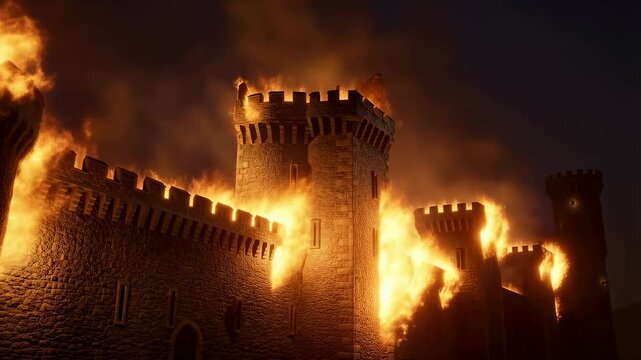 Medieval castle engulfed in flames at night. A dramatic representation of destruction and chaos in a historical context