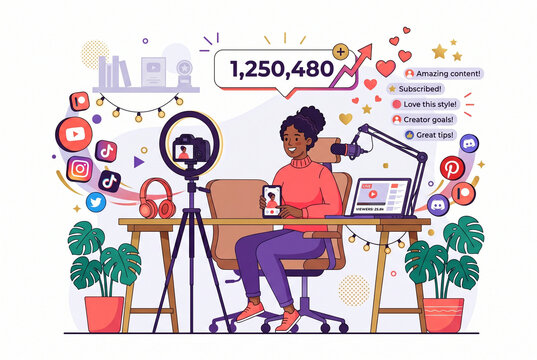 Jeune cr&eacute;atrice de contenu filmant dans son studio maison entour&eacute;e d'ic&ocirc;nes de r&eacute;seaux sociaux et d'abonn&eacute;s, concept d'&eacute;conomie des cr&eacute;ateurs et carri&egrave;re num&eacute;rique