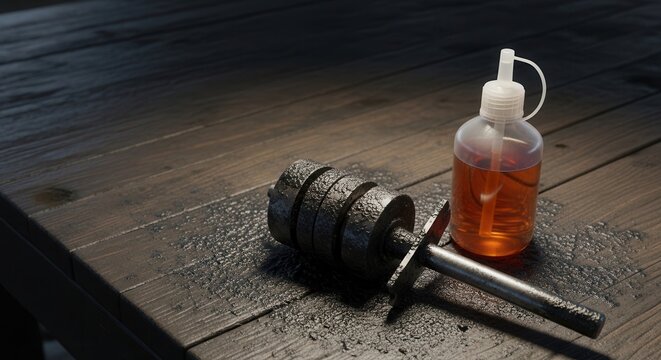 Close-up of rusty metal pipe and lubricant oil bottle on wooden surface with industrial texture