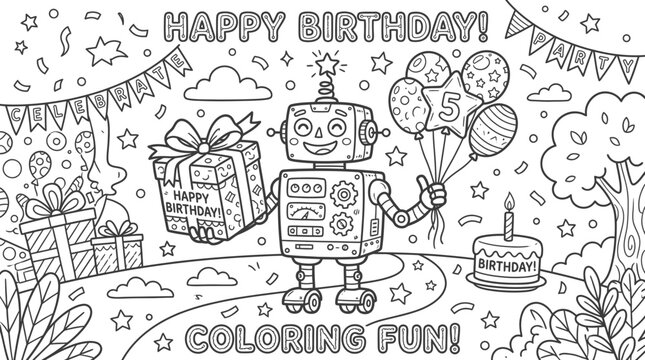 A cute robot character celebrating a birthday party in a fun coloring page design