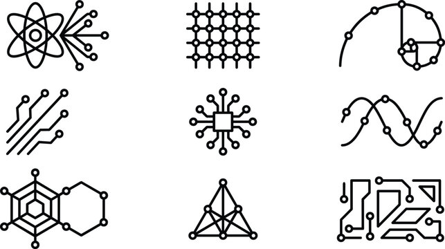 Science mathematics and digital technology line icon set featuring atom fibonacci spiral microchip molecule and circuit board traces