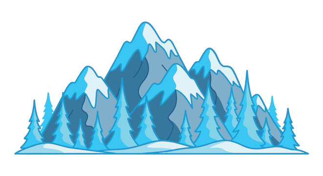 Flat vector illustration of snow-capped blue mountain peaks and evergreen pine trees isolated on a white background, winter landscape design for posters, icons, and web graphics.