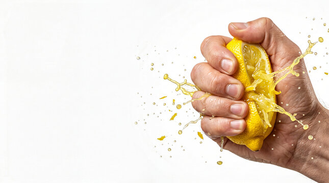 Hand squeezing a fresh yellow lemon with juice and pulp splashing out