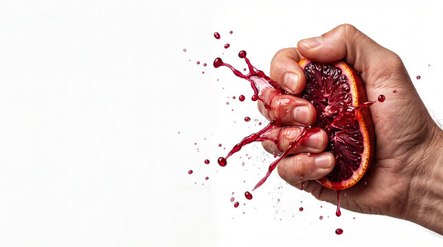 Hand crushing a ripe blood orange with deep red juice splashing