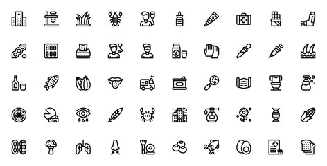 Allergies icon set. Allergy related vector icon pack. Minimalist line icons. Includes symbols for pollen, hospital, peanut, milk, inhaler, needle, ambulance and more. Editable vector stroke. © wang