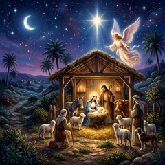 Fototapeta premium Nativity Scene: Angel, Star of Bethlehem, Manger, Shepherds, Animals, Night Sky