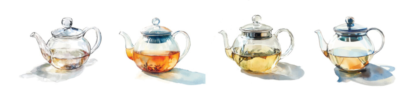 Design of a glass teapot with an infuser set painting. Hand-painted style, vectorized, vector set available in EPS Simple Hand-painted watercolor style. Hand-painted watercolor style, vectorized