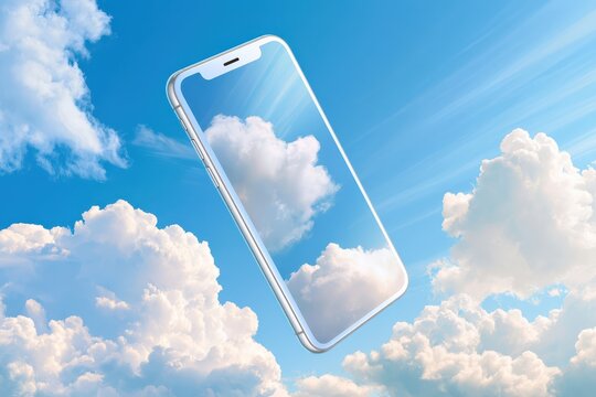 Smartphone floating in a bright blue sky with soft clouds and reflective glass screen