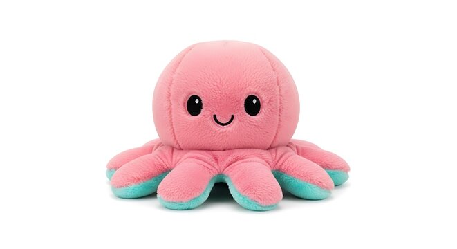 Cute pink and teal reversible octopus plush toy isolated on white background