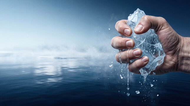 Strong hand melting and crushing a block of ice over the ocean surface