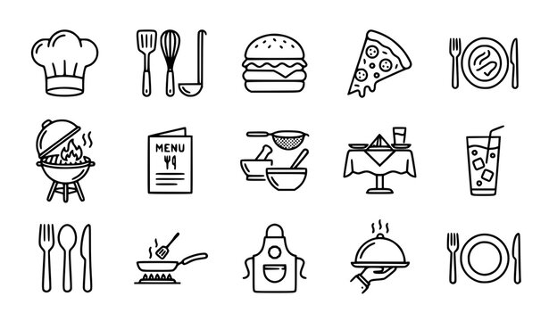 Restaurant food line icon set chef cooking utensils burger pizza and barbecue symbols