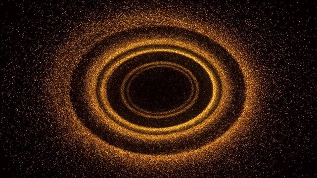 Abstract golden particle vortex swirl with glowing circular rings floating in dark space creating dynamic futuristic energy tunnel effect