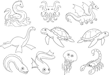 Fototapeta premium Collection of sea creatures, dragons, octopus, plesiosaur, turtle, jellyfish, scorpion, transparent background.