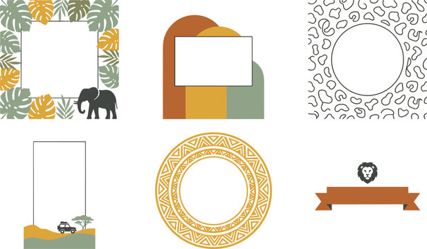 Boho Safari Frame and Border Vector Set Featuring Monstera Leaves, Leopard Print Circle, Tribal Ornament, Elephant, Jeep Silhouette, and Lion Ribbon Banner