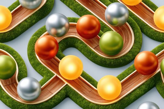 Seamless abstract pattern of colorful metallic and matte spheres on wooden green tracks