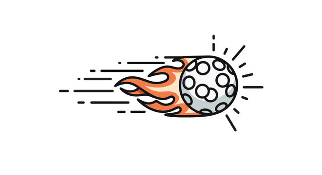 Vector illustration of a white floorball ball with holes in rapid motion featuring orange fire flames and black speed lines isolated on a white background for sports graphics.