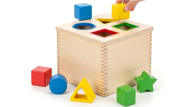 Wooden shape sorting box with colorful geometric blocks isolated on white background