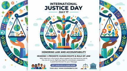 Obraz premium Vibrant poster for International Justice Day on July 17, featuring scales of justice and diverse hands holding a globe, promoting human rights and the rule of law with a colorful design