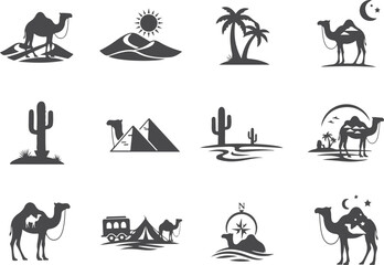 Obraz premium Desert scene icons featuring camels, pyramids, cacti, palm trees and sun on transparent background.