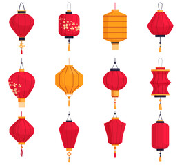 Cartoon chinese style lantern. Decorative asian style interior and street decorations. Traditional paper lamps, red and yellow lanterns, sapid vector set © MicroOne