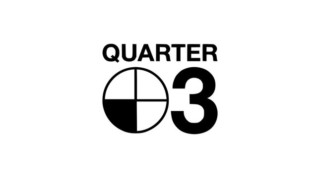 Monochrome vector icon displaying Quarter 3 text with a pie chart quadrant graphic, perfect for business reporting, fiscal timelines, project management milestones, and quarterly financial tracking