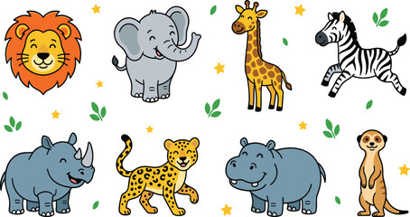 Fototapeta premium Cute Safari Animal Collection Featuring Cartoon Lion Elephant Giraffe Zebra Rhino Leopard Hippo and Meerkat Characters for Kids Vector Illustration Set